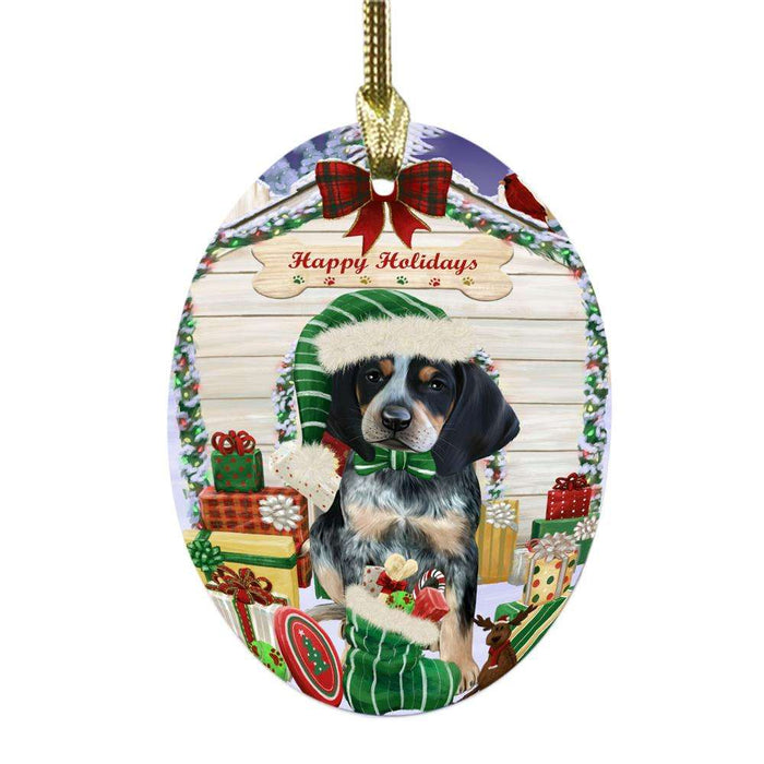 Happy Holidays Christmas Bluetick Coonhound House With Presents Oval Glass Christmas Ornament OGOR49795