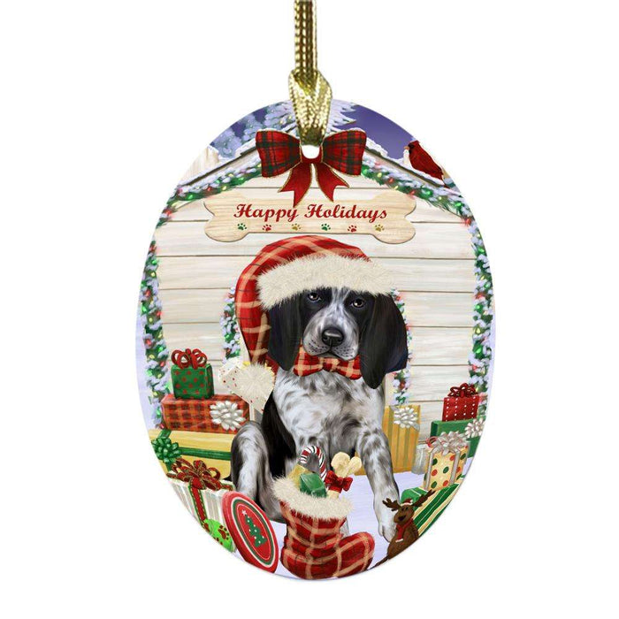 Happy Holidays Christmas Bluetick Coonhound House With Presents Oval Glass Christmas Ornament OGOR49796