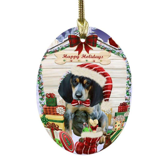 Happy Holidays Christmas Bluetick Coonhound House With Presents Oval Glass Christmas Ornament OGOR49797