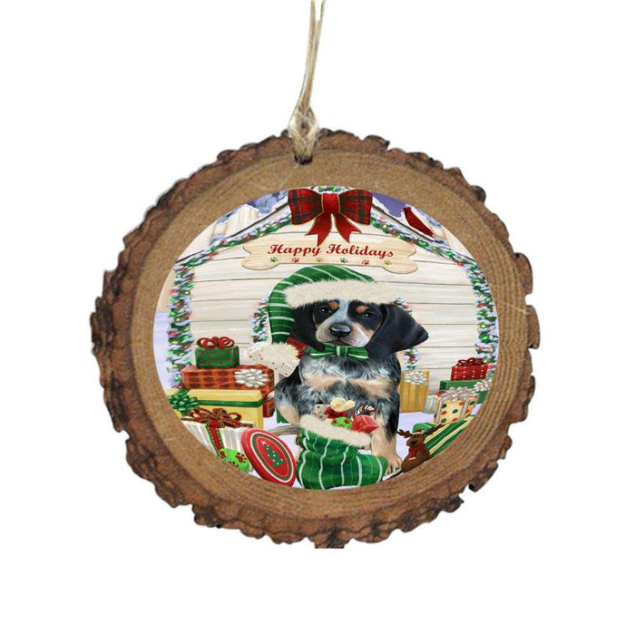 Happy Holidays Christmas Bluetick Coonhound House With Presents Wooden Christmas Ornament WOR49795