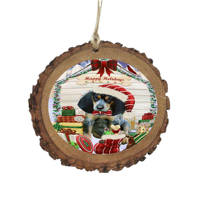 Happy Holidays Christmas Bluetick Coonhound House With Presents Wooden Christmas Ornament WOR49797