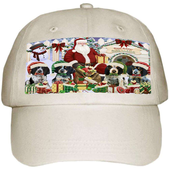 Happy Holidays Christmas Bluetick Coonhounds Dog House Gathering Ball Hat Cap HAT57579