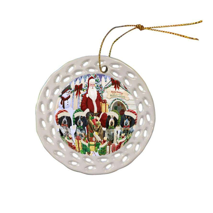 Happy Holidays Christmas Bluetick Coonhounds Dog House Gathering Ceramic Doily Ornament DPOR51282