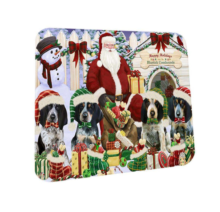 Happy Holidays Christmas Bluetick Coonhounds Dog House Gathering Coasters Set of 4 CST51241