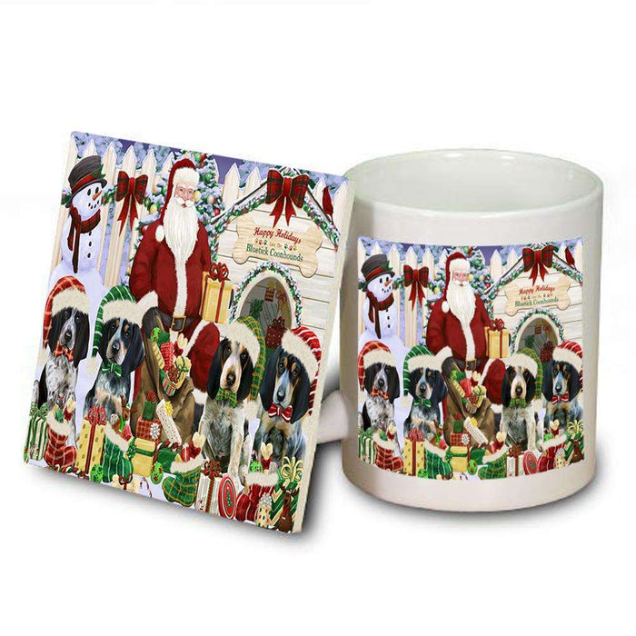 Happy Holidays Christmas Bluetick Coonhounds Dog House Gathering Mug and Coaster Set MUC51274