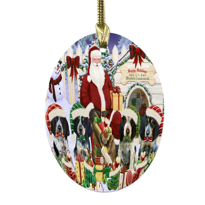 Happy Holidays Christmas Bluetick Coonhounds Dog House Gathering Oval Glass Christmas Ornament OGOR49685