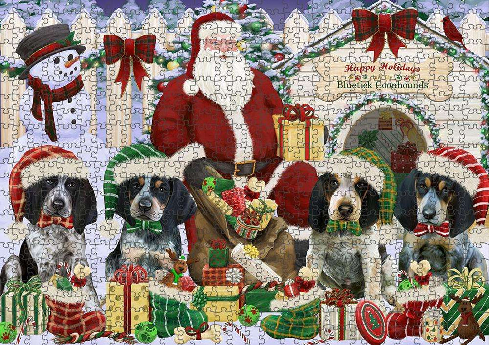 Happy Holidays Christmas Bluetick Coonhounds Dog House Gathering Puzzle with Photo Tin PUZL57708