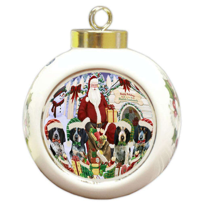 Happy Holidays Christmas Bluetick Coonhounds Dog House Gathering Round Ball Christmas Ornament RBPOR51282