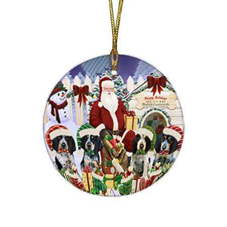 Happy Holidays Christmas Bluetick Coonhounds Dog House Gathering Round Flat Christmas Ornament RFPOR51273