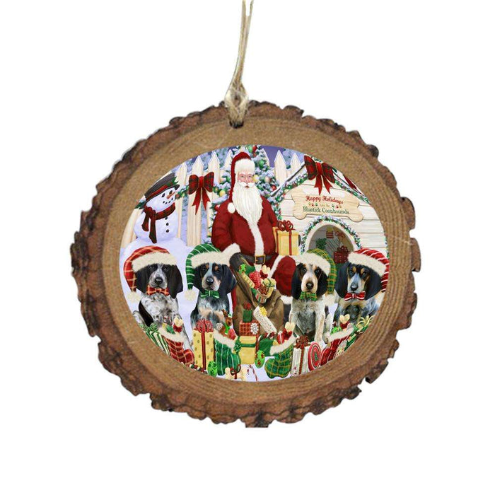 Happy Holidays Christmas Bluetick Coonhounds Dog House Gathering Wooden Christmas Ornament WOR49685