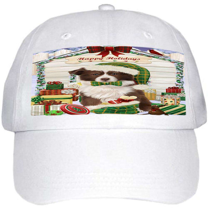 Happy Holidays Christmas Border Collie Dog House with Presents Ball Hat Cap HAT57777