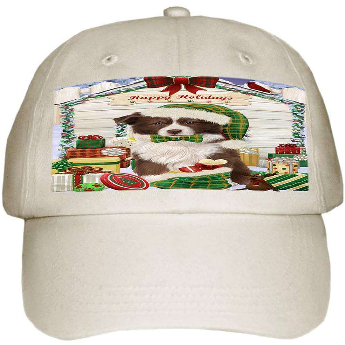 Happy Holidays Christmas Border Collie Dog House with Presents Ball Hat Cap HAT57777