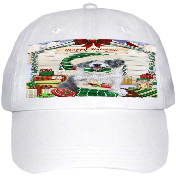 Happy Holidays Christmas Border Collie Dog House with Presents Ball Hat Cap HAT57780