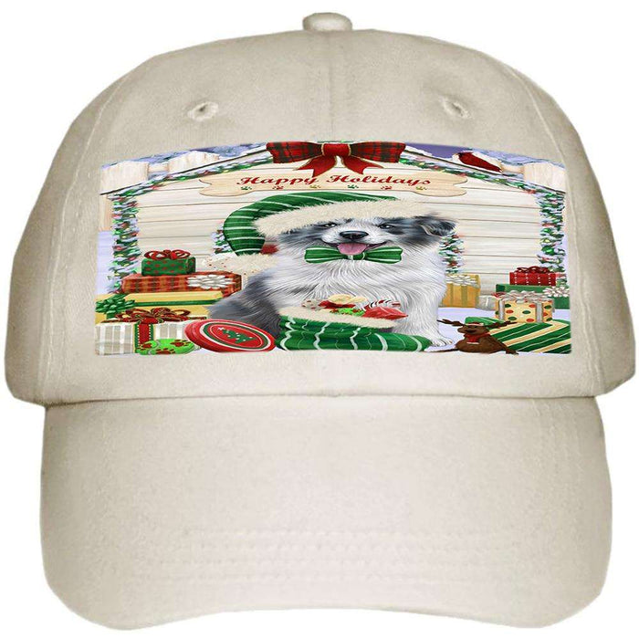 Happy Holidays Christmas Border Collie Dog House with Presents Ball Hat Cap HAT57780