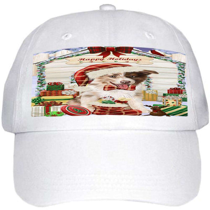 Happy Holidays Christmas Border Collie Dog House with Presents Ball Hat Cap HAT57783