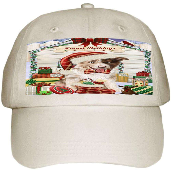 Happy Holidays Christmas Border Collie Dog House with Presents Ball Hat Cap HAT57783