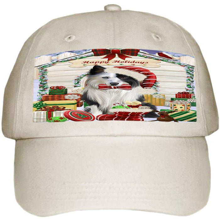 Happy Holidays Christmas Border Collie Dog House with Presents Ball Hat Cap HAT57786