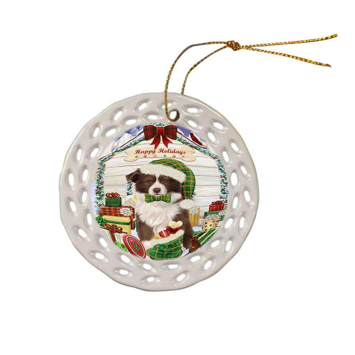 Happy Holidays Christmas Border Collie Dog House with Presents Ceramic Doily Ornament DPOR51348