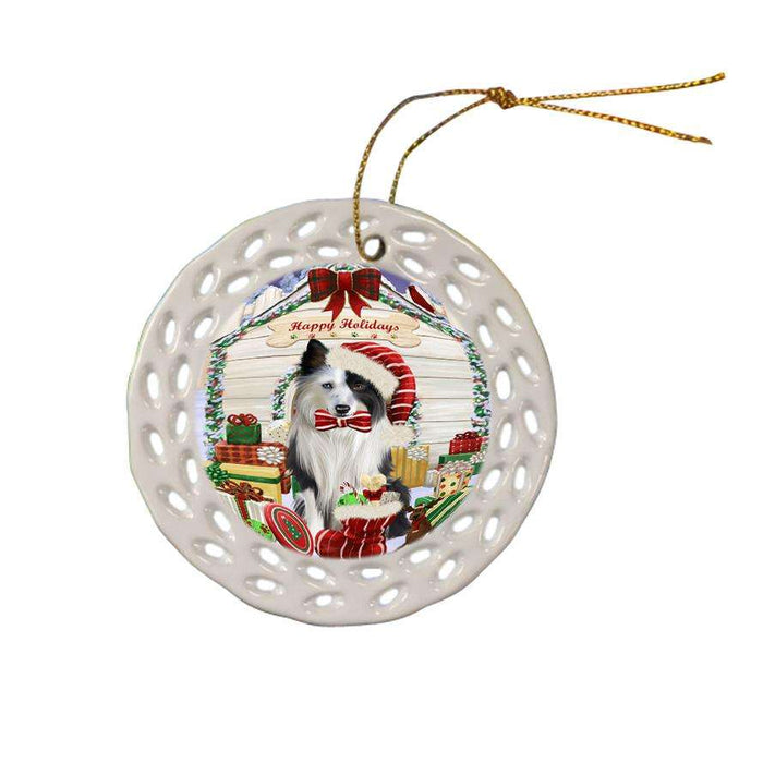 Happy Holidays Christmas Border Collie Dog House with Presents Ceramic Doily Ornament DPOR51351