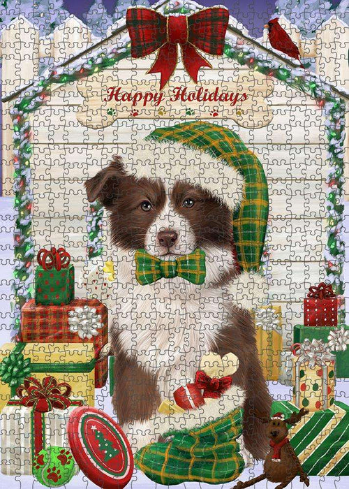 Happy Holidays Christmas Border Collie Dog House with Presents Puzzle with Photo Tin PUZL57906