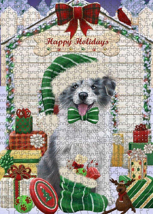 Happy Holidays Christmas Border Collie Dog House with Presents Puzzle with Photo Tin PUZL57909