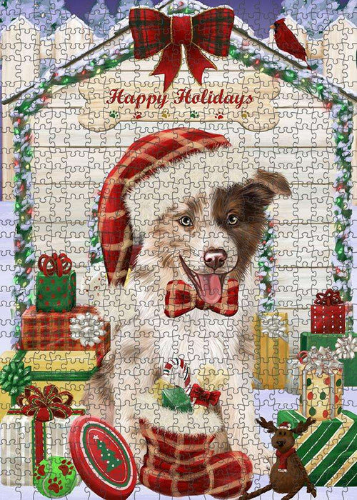 Happy Holidays Christmas Border Collie Dog House with Presents Puzzle with Photo Tin PUZL57912