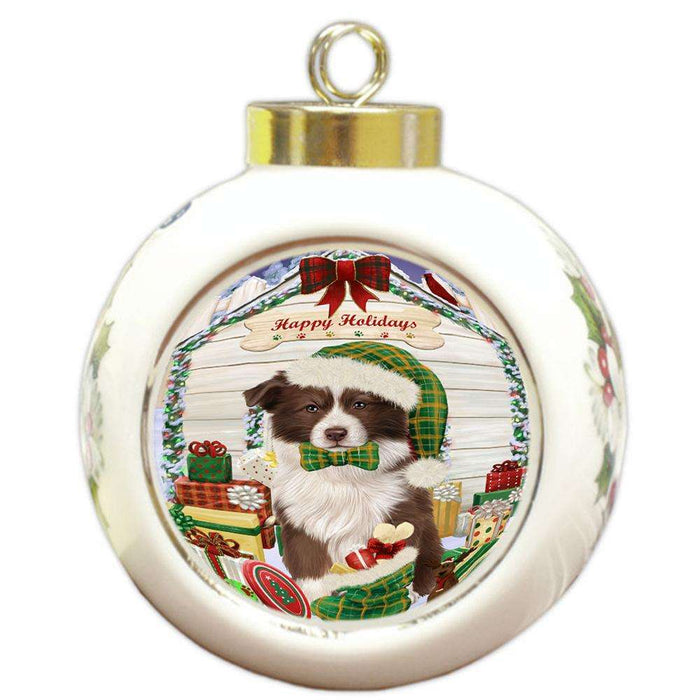 Happy Holidays Christmas Border Collie Dog House with Presents Round Ball Christmas Ornament RBPOR51348