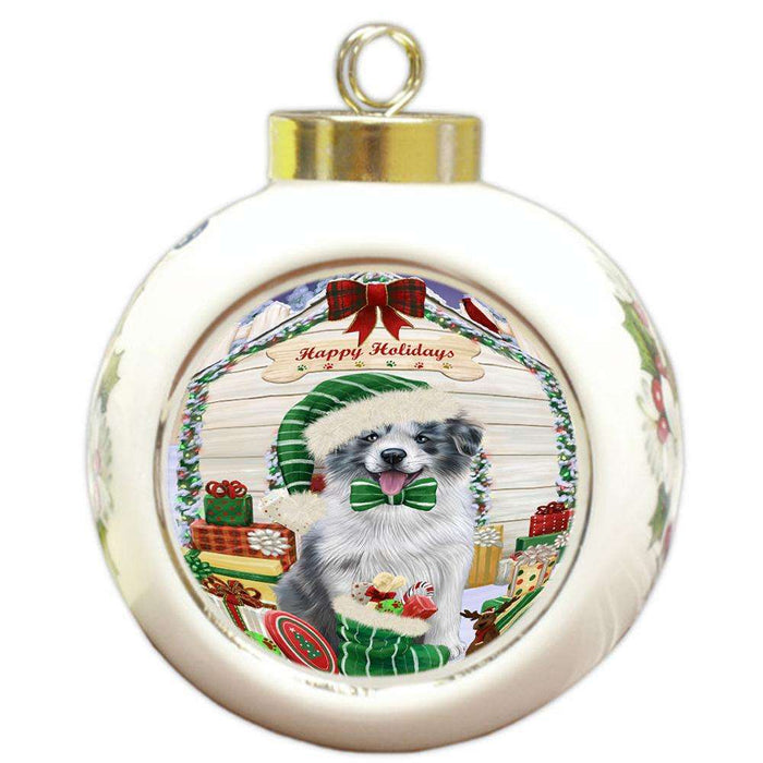 Happy Holidays Christmas Border Collie Dog House with Presents Round Ball Christmas Ornament RBPOR51349