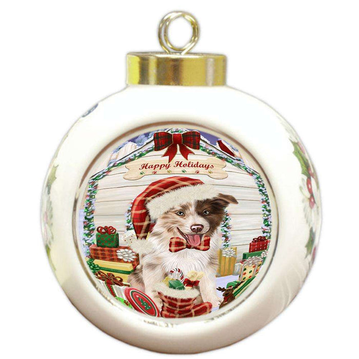 Happy Holidays Christmas Border Collie Dog House with Presents Round Ball Christmas Ornament RBPOR51350