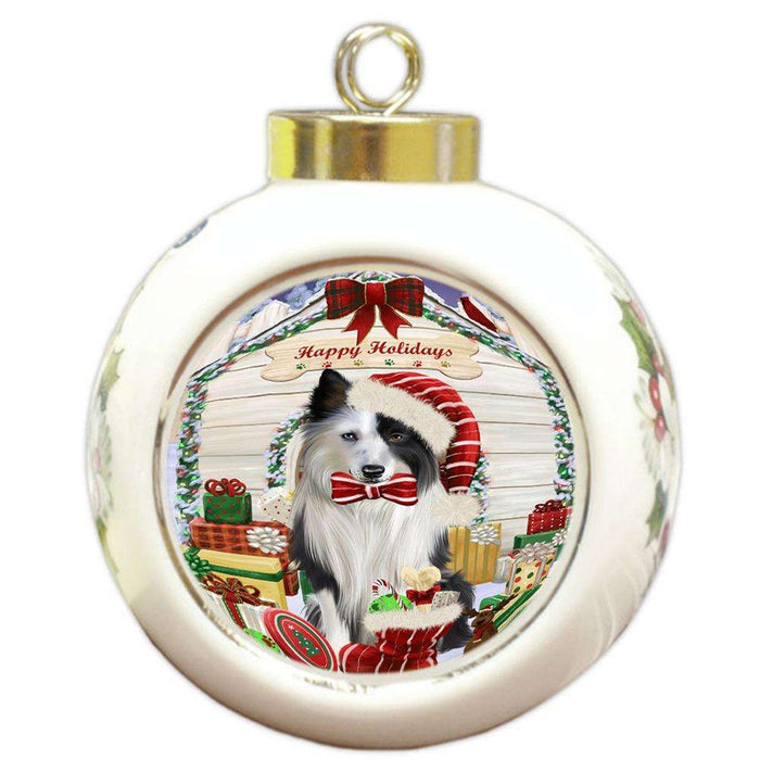 Happy Holidays Christmas Border Collie Dog House with Presents Round Ball Christmas Ornament RBPOR51351