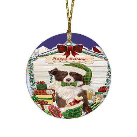 Happy Holidays Christmas Border Collie Dog House with Presents Round Flat Christmas Ornament RFPOR51339
