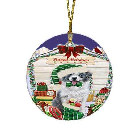 Happy Holidays Christmas Border Collie Dog House with Presents Round Flat Christmas Ornament RFPOR51340