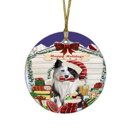 Happy Holidays Christmas Border Collie Dog House with Presents Round Flat Christmas Ornament RFPOR51342