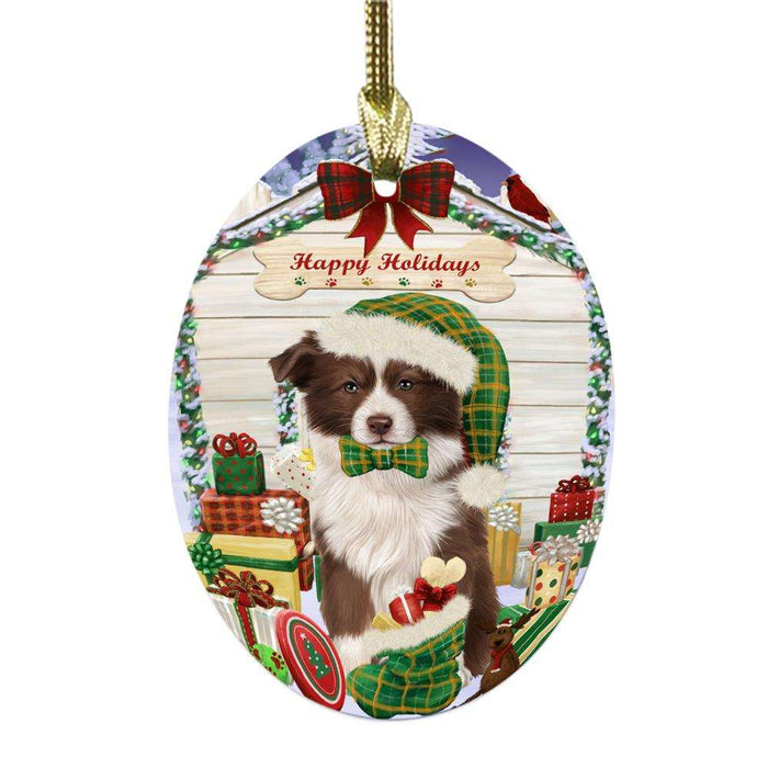 Happy Holidays Christmas Border Collie House With Presents Oval Glass Christmas Ornament OGOR49798