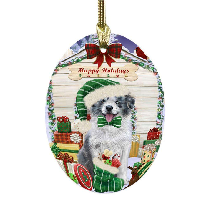 Happy Holidays Christmas Border Collie House With Presents Oval Glass Christmas Ornament OGOR49799