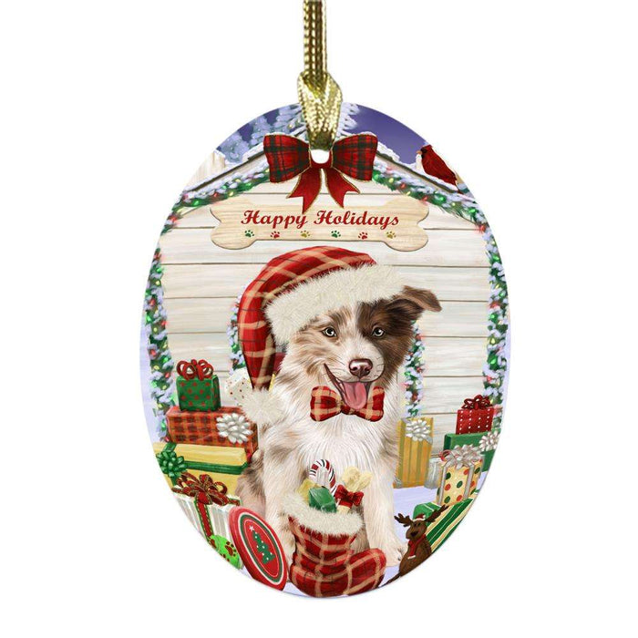 Happy Holidays Christmas Border Collie House With Presents Oval Glass Christmas Ornament OGOR49800