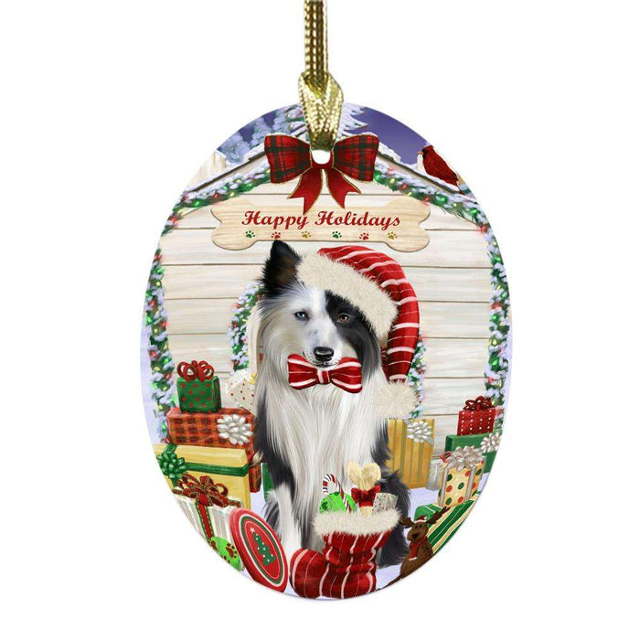 Happy Holidays Christmas Border Collie House With Presents Oval Glass Christmas Ornament OGOR49801