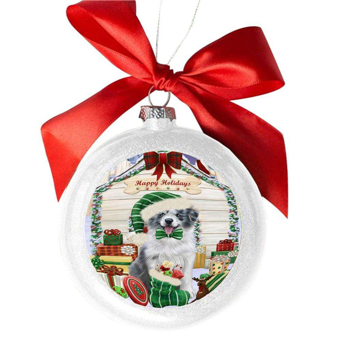 Happy Holidays Christmas Border Collie House With Presents White Round Ball Christmas Ornament WBSOR49799