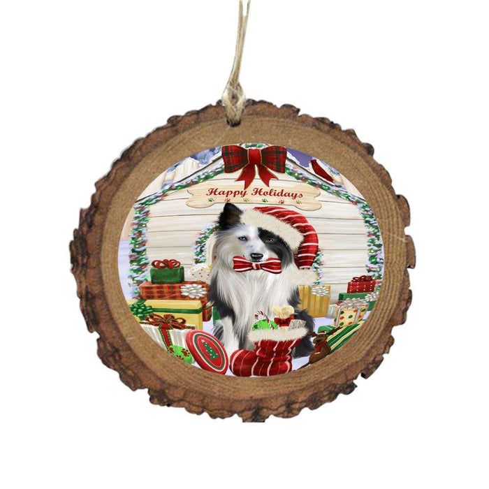 Happy Holidays Christmas Border Collie House With Presents Wooden Christmas Ornament WOR49801