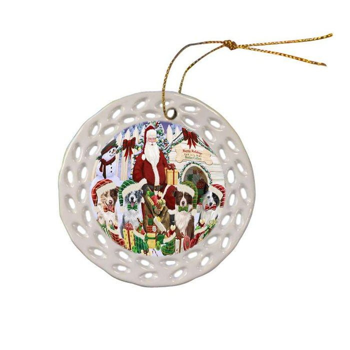 Happy Holidays Christmas Border Collies Dog House Gathering Ceramic Doily Ornament DPOR51283