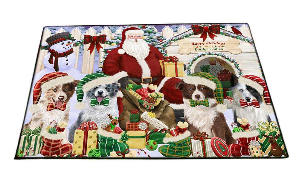 Happy Holidays Christmas Border Collies Dog House Gathering Floormat FLMS51060