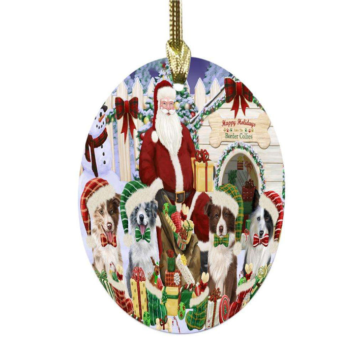 Happy Holidays Christmas Border Collies Dog House Gathering Oval Glass Christmas Ornament OGOR49686