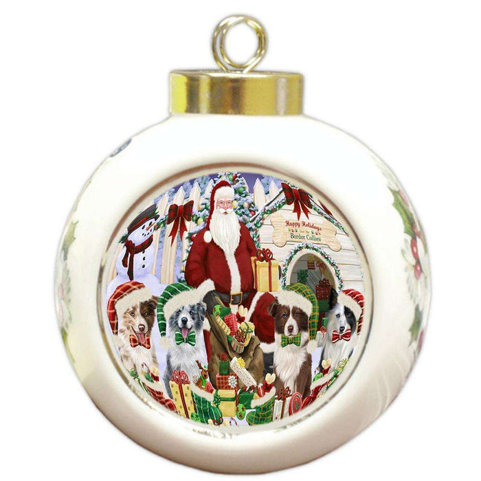 Happy Holidays Christmas Border Collies Dog House Gathering Round Ball Christmas Ornament RBPOR51283