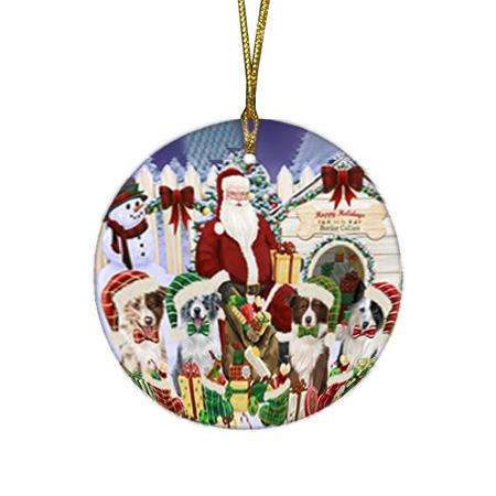 Happy Holidays Christmas Border Collies Dog House Gathering Round Flat Christmas Ornament RFPOR51274