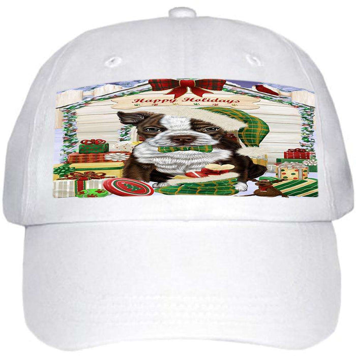 Happy Holidays Christmas Boston Terrier Dog House with Presents Ball Hat Cap HAT57789