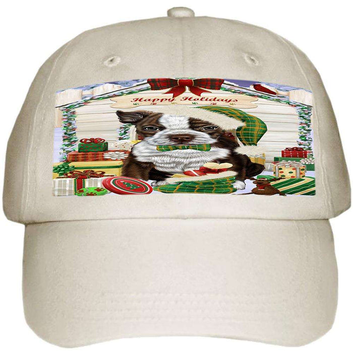 Happy Holidays Christmas Boston Terrier Dog House with Presents Ball Hat Cap HAT57789