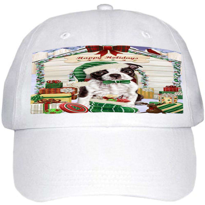 Happy Holidays Christmas Boston Terrier Dog House with Presents Ball Hat Cap HAT57792