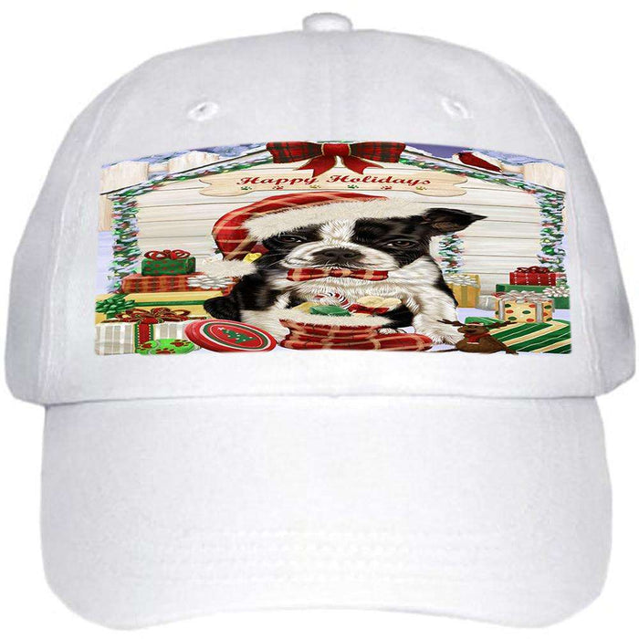Happy Holidays Christmas Boston Terrier Dog House with Presents Ball Hat Cap HAT57795