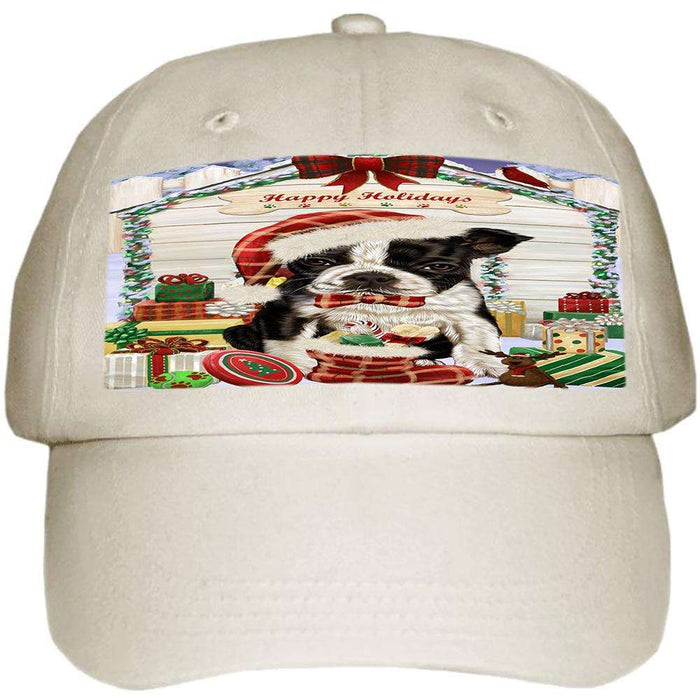 Happy Holidays Christmas Boston Terrier Dog House with Presents Ball Hat Cap HAT57795
