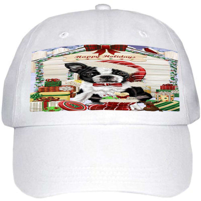 Happy Holidays Christmas Boston Terrier Dog House with Presents Ball Hat Cap HAT57798